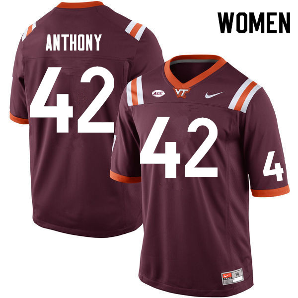 Women #42 Vincenzo Anthony Virginia Tech Hokies College Football Jerseys Sale-Maroon - Click Image to Close